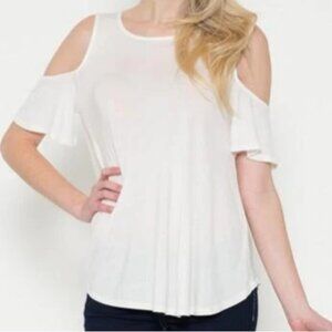 Glitz Cold Shoulder Tshirt Blouse Scoop Neck Ruffle Flutter Sleeve Top